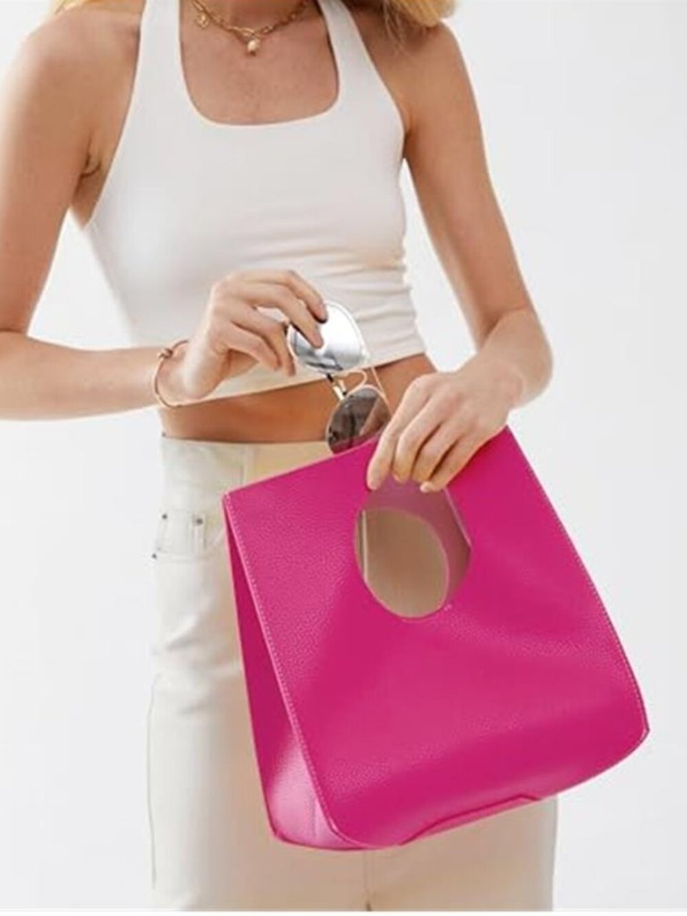 Women's Vegan Leather Hot Pink Handbag Minimalist Small Tote Clutch Purse